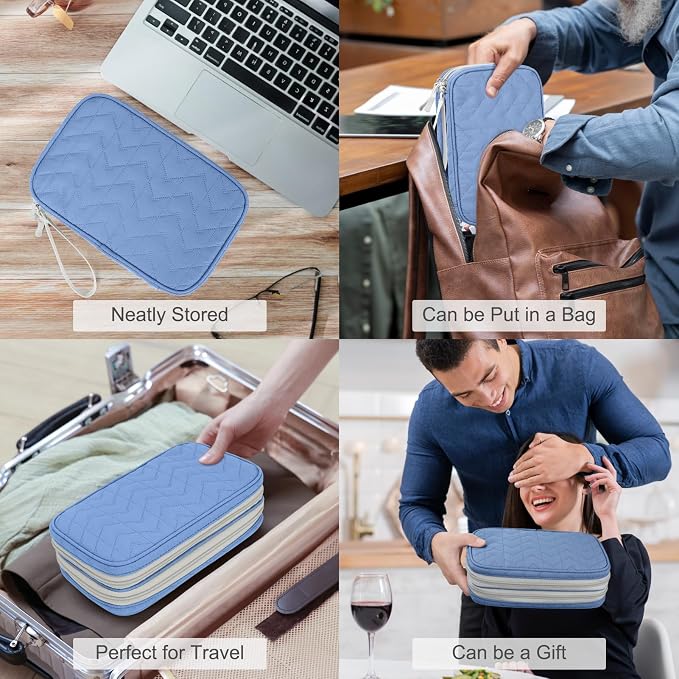 FYY Electronic Organizer, Travel Tech Pouch Bag, Large, Blue Quilted | Wrist Strap, Waterproof, Double Layers Portable Electronics Travel Carrying Case for Cord, Charger, Daily Business Trips Use