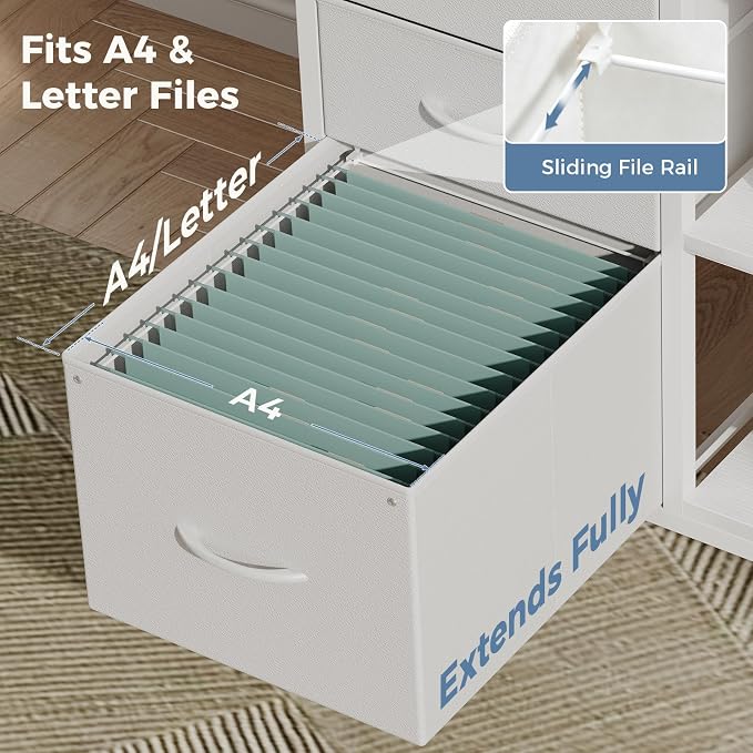 DUMOS 3 Drawer Mobile File Cabinet, Rolling Printer Stand with Storage | Fabric Lateral Filing Cabinet fits A4/Letter Size, Under Desk Drawer Cabinet, Printer Cart for Home Office, White