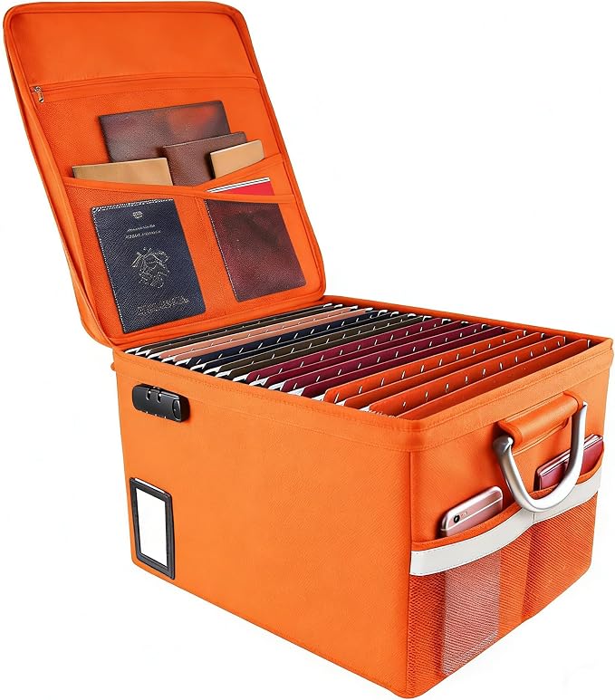TOMKID Fireproof File Cabinet with Lock, Fireproof Document Organizer Collapsible File Box Filing Cabinet with Handle for Letter Legal Folder Certifications (Orange)