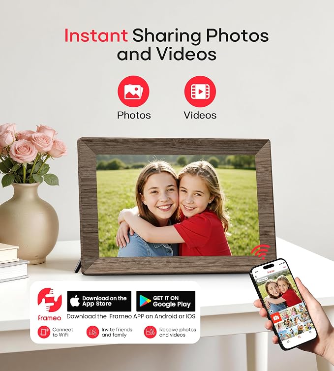 Frameo 10.1" Digital Picture Frame with 32GB Memory Wood WiFi Electronic Photo Frame 1280 x 800 IPS Touch Screen Auto-Rotate Slideshow Wall Mountable Share Photos/Video Remotely Anywhere