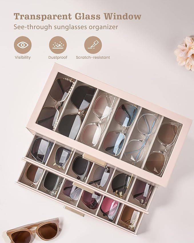 Lolalet Sunglasses Storage Box for Women, Eyewear Eye Glass Organizer with Clear Top Display Holder Case