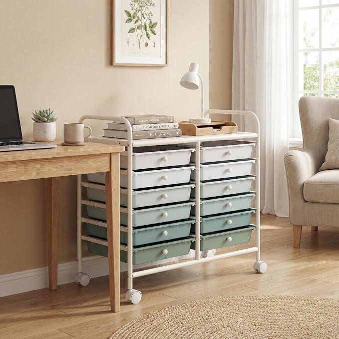 COSTWAY 12-Drawer Rolling Storage Cart, Utility Storage Organizer Cart | For Tools, Scrapbook, Paper, Craft, Multipurpose Art Supply on Wheels for Home Office School, Teacher, Green Gradient