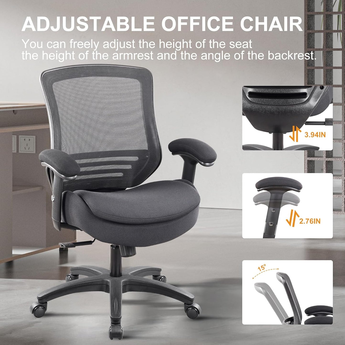 400lbs Ergonomic Office Chair with Double Seat Cushion and Soft Armrests for Executive Computer Desk with Built-in Lumbar Support (Black)
