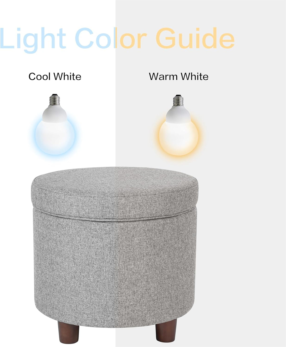 Homepop Home Decor | Upholstered Round Storage Ottoman | Ottoman with Storage for Living Room & Bedroom, Light Gray Tweed