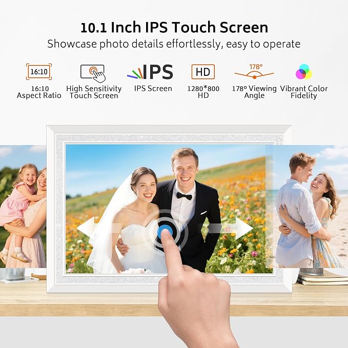 Frameo 10.1" Digital Picture Frame with 32GB Memory White WiFi Electronic Photo Frame 1280 x 800 IPS HD Touch Screen Auto-Rotate Slideshow Wall Mountable Share Photos/Video Remotely Anywhere