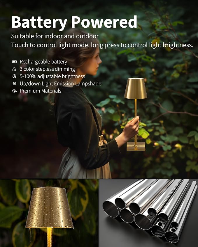 KDG 2 Pack Cordless Gold Table Lamps, Rechargeable Portable LED Desk Lamps | 4000mAh Battery Operated 3 Color Stepless Dimming Up for Restaurant, Bedroom, Outdoor Party, Camping, Coffee Shop, Nightlight
