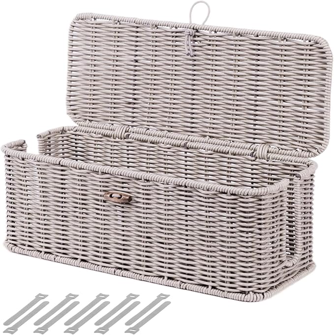 BROWNLILY Cable Management Box, Rattan Style Cord Organizer for Desk Cord Hider Outlet Covers for Power Strip TV PC Router Charger Under Desk Storage with Lockable Lid and Cable Ties
