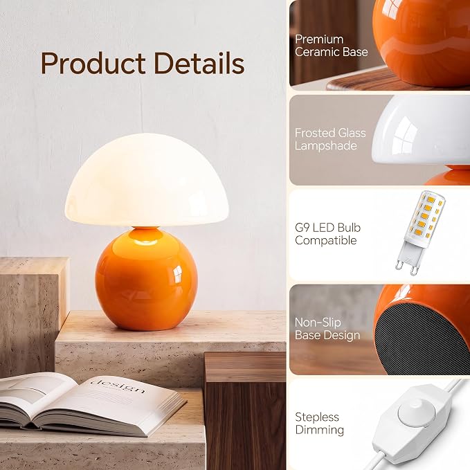 Mushroom Lamp Table Lamp for Bedroom-Small Desk Table Lamps,Orange | 8.7" Mid Century Modern Table Lamps for Living Room Bedroom Decor,Cute Ceramic Lamps for Mushroom Home Room Decor,Glass Shade