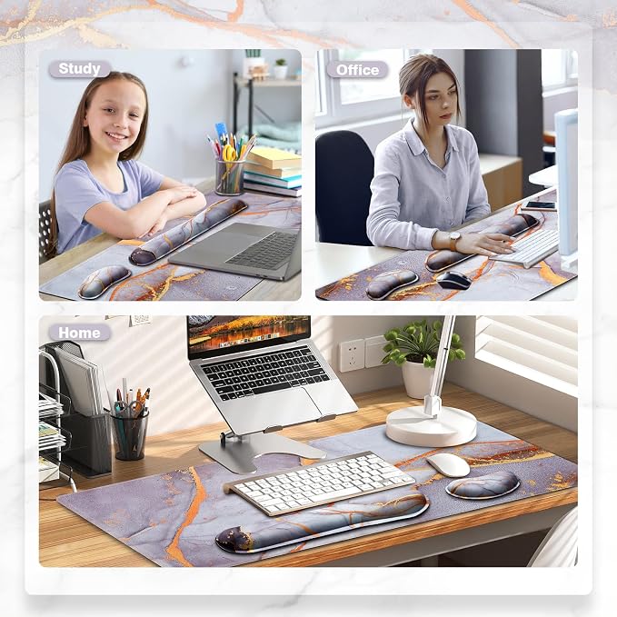Gimars 4 in 1 Mouse Pad and Keyboard Wrist Rest Set, Large Mouse Pad with Memory Foam Wrist Support Pad for Desk with Coaster, Easy Typing Pain Relief, Gaming Office Home, 31.5x12 inch, Gray Golden