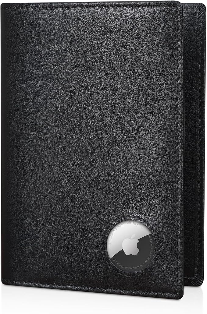 Polare Slim RFID Blocking Leather Passport Holder Travel Bifold Wallet For Men (Black with AirTag Holder)