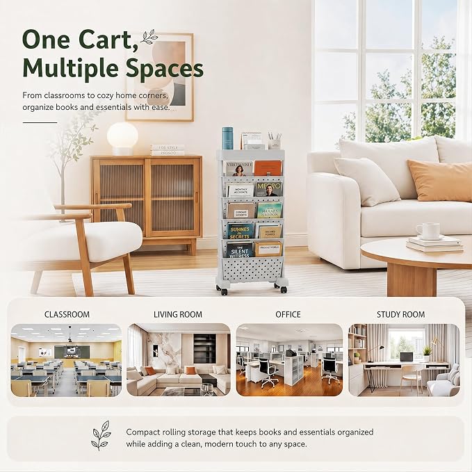BYFU 6-Tier Rolling Bookshelf Cart, Grey | Movable with Wheels, File Paper Storage Organizer, For Home Office Study Classroom