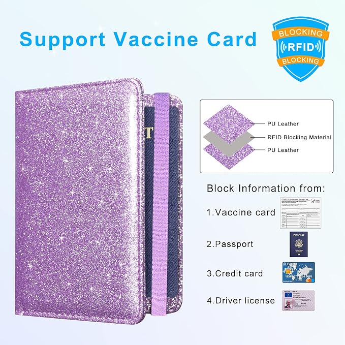 ACdream Unisex Faux Leather Passport and Vaccine Card Holder, Glitter Purple, RFID Blocking, Protects Valuable Information