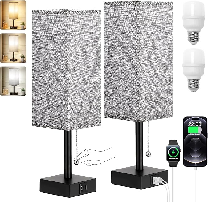 Set of 2 Grey Bedside Table Lamps for Bedroom - Nightstand Lamp, USB C+A | Pull Chain Lamp, 3 Color Modes(3000K/4000K/5000K), E26 LED Bulb Included, Square Grey Fabric Lampshade, for Read, Work, Dorm
