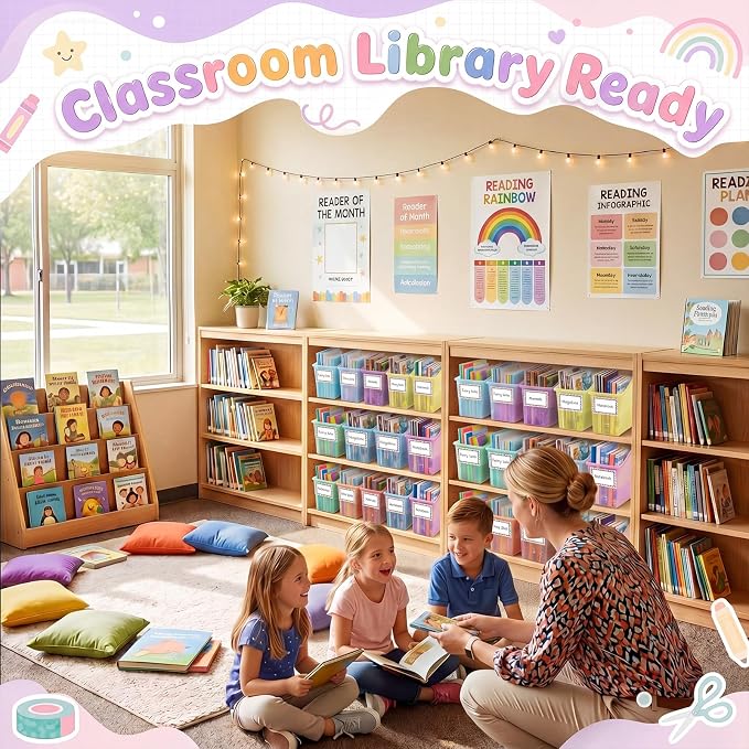 Blosssound 24 Set Book Bins for Classroom Stackable,Translucent Pastel | Plastic Baskets with Labels, Slanted Front, Library Supplies Organizers, Desktop Storage Bins, Teachers Home School Use