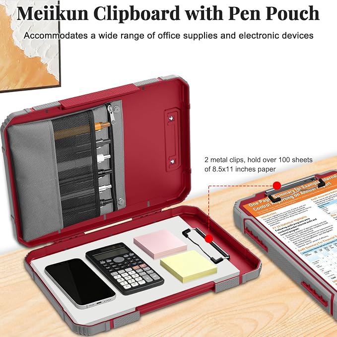 Meiikun Clipboard with Storage, Rugged Shockproof Protective, Internal Pen Pouch & Metal Clip, Heavy Duty Plastic Clip Boards 8.5x11, High Capacity Contractor Folder for School Office (Red)