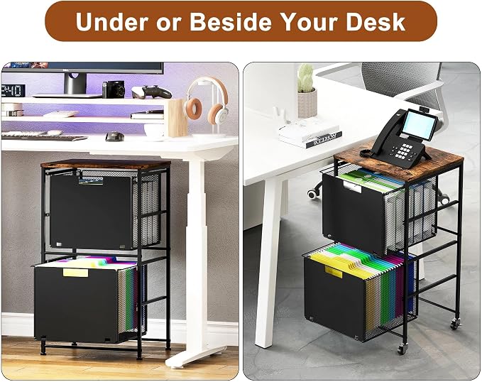 EasyPAG Rolling Storage Cart with 2 Drawers, Under Desk File Cabinet on Lockable Wheels, Movable Letter Size Hanging File Folder Organizer with Wooden Printer Stand for Home Office, Black