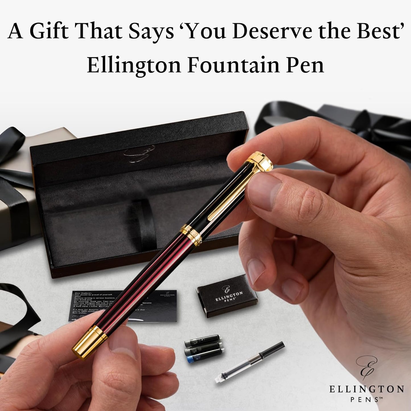 Luxury Fountain Pen Set- Fountain Pens for Writing - Smooth Medium Nib - Includes Refillable Ink Converter, 3 Ink Cartridges [Black & Blue], Gift Box - Elegant Calligraphy
