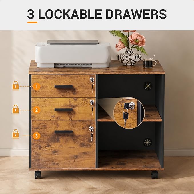 DEVAISE 3-Drawer File Cabinet with Lock, Wood Filing Cabinet, Rustic Brown | Rolling Printer Stand, Office Cabinet, Open Storage Shelves, Letter & A4 Compatible, Home Office, Under Desk Storage