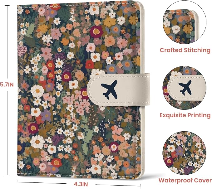 Passport Holder for Travel Essentials, RFID Blocking Leather Cover Wallet with Magnetic Closure, Aesthetic & Cute Passport Book Case for Women and Men - Flower