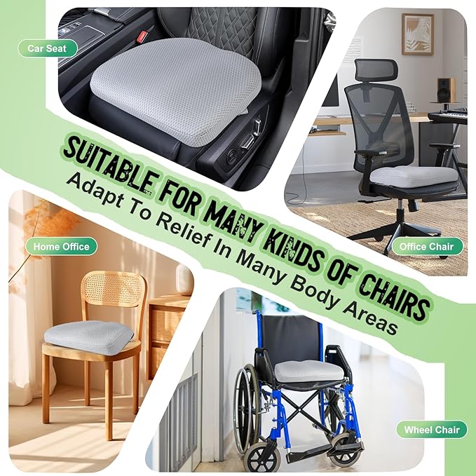 Air Fiber Office Chair Cushion - Ergonomic Seat Cushion for Orthopedic Coccyx, Relief Hip & Back Support - Doctor Recommended Cushion for Long Sitting Worker Driver & Handicapped (Light Grey)