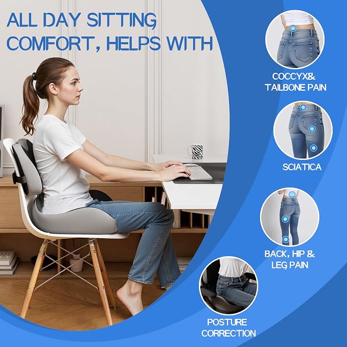 Benazcap Large Memory Foam Seat Cushion Lumbar Support Pillow for Sciatica & Tailbone Pressure Relief Coccyx Pad for Office Chair, Wheelchair, Car, Home, Office