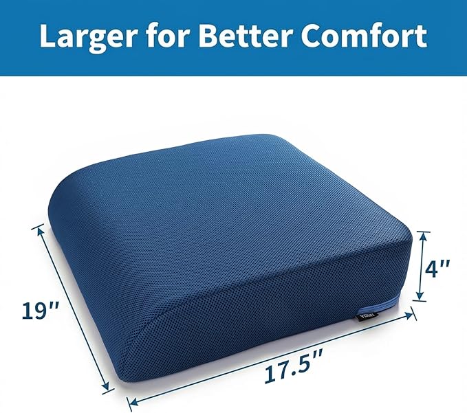 YOUFI Extra Thick Large Seat Cushion -19 X 17.5 X 4 Inch Gel Memory Foam Cushion with Carry Handle Non Slip Bottom - Pain Relief Coccyx Cushion for Wheelchair Office Chair (Blue (1PACK))