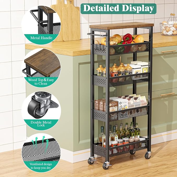 Slim Storage Cart 5 Tier Narrow Kitchen Rolling Cart on Wheels for Small Space, Metal Utility Cart Narrow Bathroom Storage Cabinet Mobile Shelf Unit Organizer with Wood Top and Handle, Black