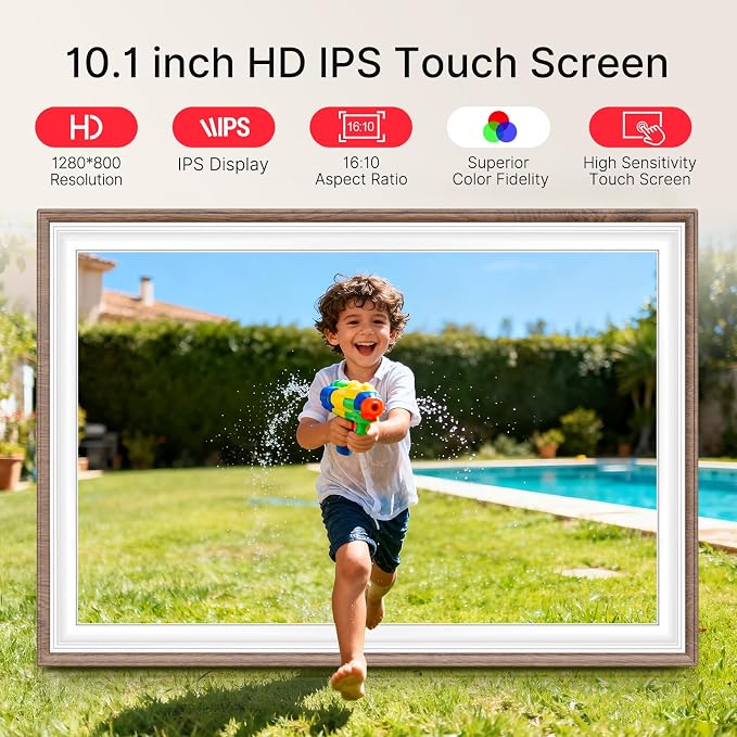Frameo 10.1" Digital Picture Frame, Smart WiFi Digital Photo Frame with 1280x800 HD IPS Touch Screen 32GB Storage Auto-Rotate Wall Mounted, Share Photos/Videos Remotely(Brown&White)