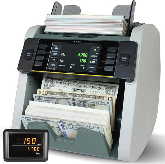 Kolibri Domino V2 4.3" Touch Screen Money Counter & Sorter, Mixed Denomination, Value Count, UV/MG/IR/2CIS Detection, Serial No., Multi-Currency USD/EUR/GBP/CAD/MXN (Printer Not Included)