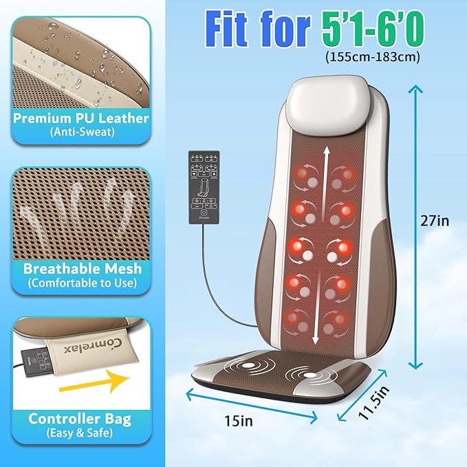 Shiatsu Back Massager with Heat, Massage Chair Pad Seat Cushion for Stress Relief, Deep Tissue Kneading & Roller, 2 Vibration Motors, Back Waist Hip Massager, PU Leather, with 2 Adapters