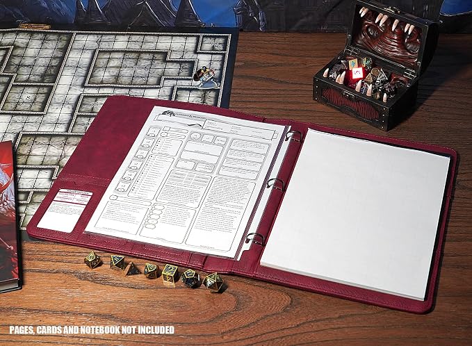 Forged Dice Co. Game-Folio PU Leather Portfolio Binder - Gaming Binder for DND Character Sheets with DND Spell Cards Organizer and Clear Front Pocket - Compatible with Dungeons and Dragons RPG - Red