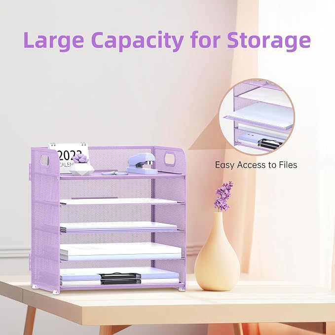 5 Trays Paper Organizer Letter Tray with Handle-Mesh Desk File Holders, Paper Sorter Desk Organizer for Office, Home, Classeoom or School, Purple