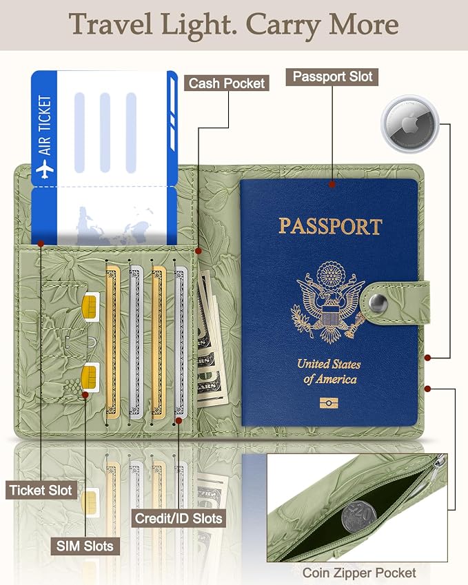 Slohif Elegant RFID Passport Holder for Travel with AirTag Sage Green | Floral Embossed Passport Wallet for Women, Slim Vegan Leather Travel Organizer with Money Pocket and Card Slots