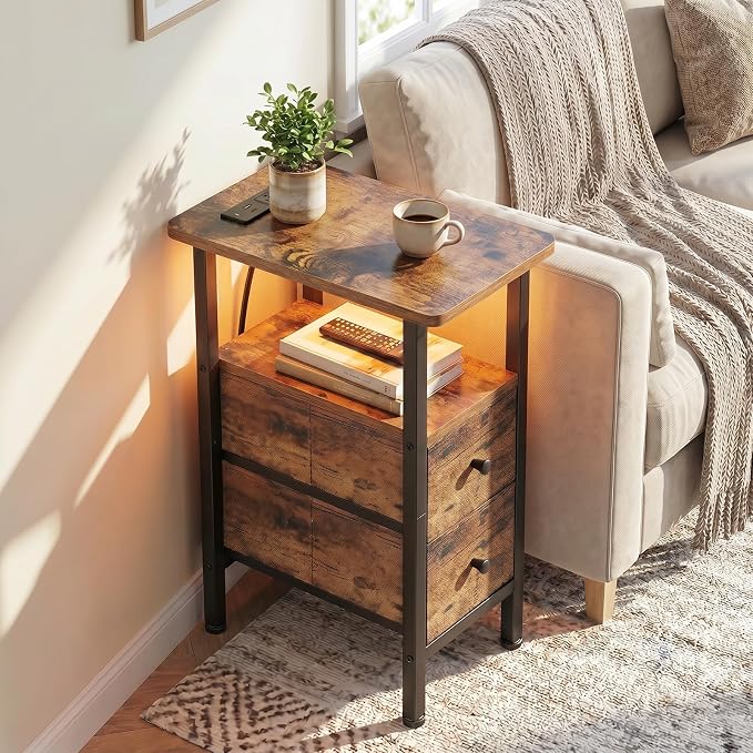 Narrow End Table with Charging Station, Small Nightstand | Skinny Side Tables Living Room with 2 Fabric Drawers, Slim Bedside Table with LED Lights for Bedroom, Small Spaces, Brown