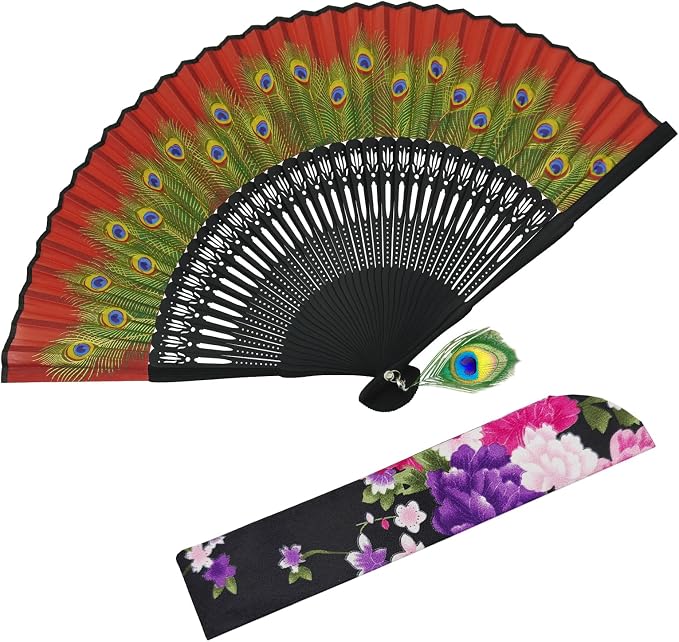 EOSAU Hand Fans for Women Foldable - Bamboo Silk Folding Fan Handheld, Fans for Line Dancing Wedding, Portable Bridal Party Favor, Elegant Church Performance Gift (Peacock Red)