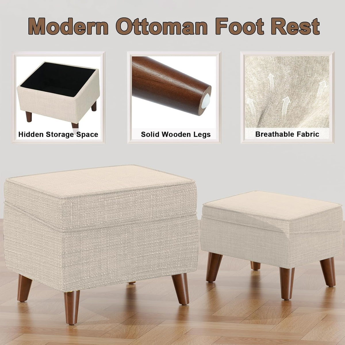 Foot Rests with Adjustable Cover, BOGO, Storage Ottoman Dorm, Footstool & Sitting Stool, Ottoman Foot Stool Set for Living Room, Bedroom, Dorm, Beige
