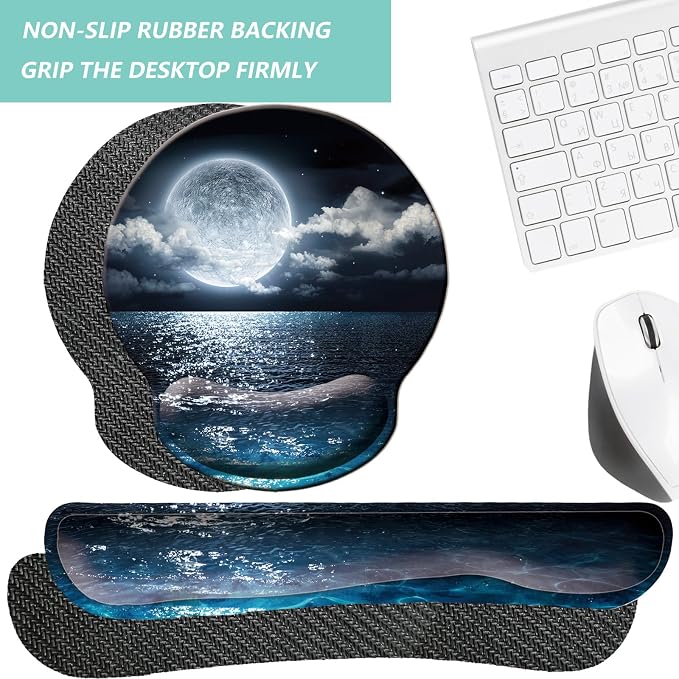 Keyboard Wrist Rest Pad Mouse Pad with Wrist Support Set of 3, Mousepad with Non-Slip Rubber Base, Ergonomic Memory Foam Mouse Wrist Cushion Support for Home Office Laptop Computer, Moonlit Night