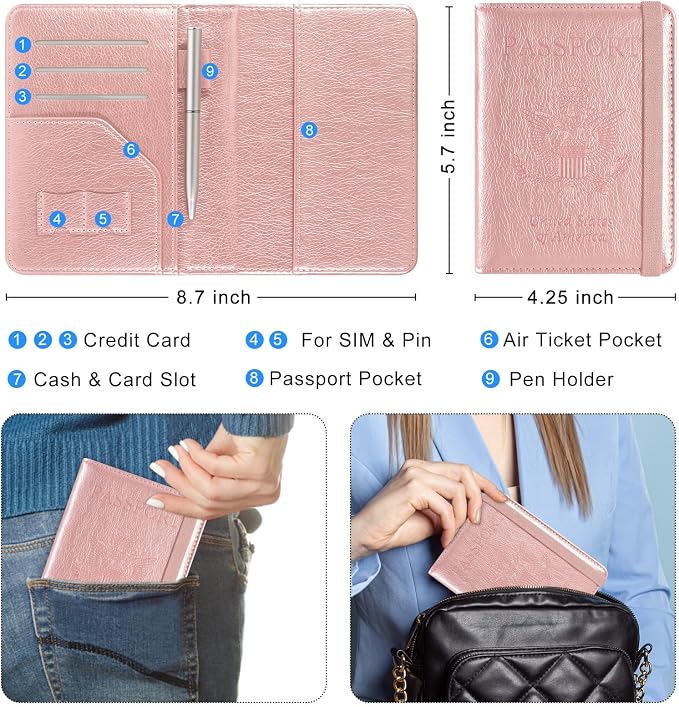 ACdream RFID BLOCKING Passport Holder Travel Wallet, Premium PU Leather Cover Passport Book with Card Holder, Pen Holder, Keep Organization, and Travel Essentials for Women and Men, Rose Gold