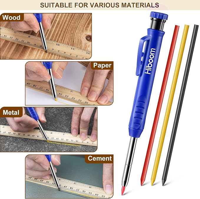Hiboom 2 Pack Carpenter Pencils with Pencil Cap and 18 Refills, Blue | Mechanical Pencil, Deep Hole Marking, Built-In Sharpener, Long Nose Tip, Pocket Clip, Marks Many Surfaces, Woodworking Use