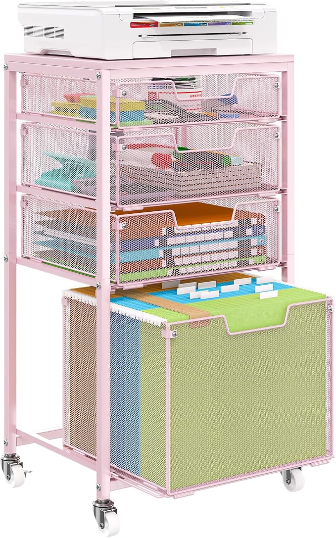 Sbanmao 4 Drawer Rolling File Cart Under Desk Storage, File Cabinets for Home Office, Mobile Filing Cabinet, Hanging File Organizer with Wheels, Utility Cart Printer Stand, Pink