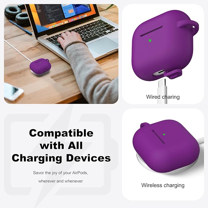 R-fun Compatible with AirPods 3 Case Cover, Silicone Protective Accessories Skin with Keychain Compatible with Apple AirPod 3rd Generation 2021 for Women Men Girls Boys,Front LED Visible,Plum
