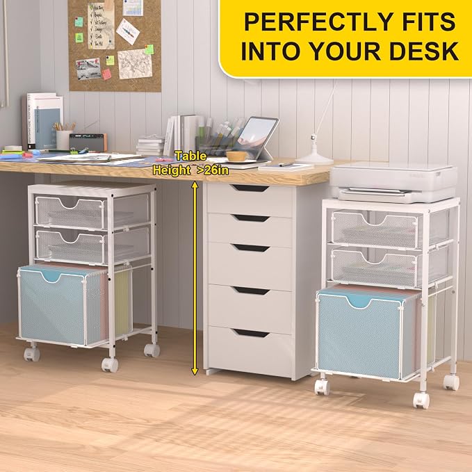 BOHDK Rolling File Cart with 3 Storage Drawers, Wood & Mesh Hanging File Folder Organizer with Wheels Under Desk, File Cabinets for Home Office, 11.81" D x 14.8" W x 25.39" H, White