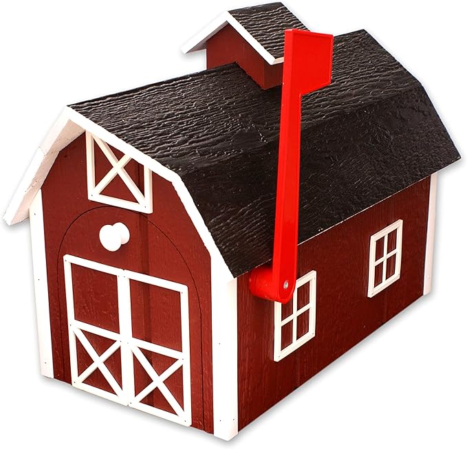 Deluxe Wooden Mailbox, Dutch Barn Style (Red with White Trim)