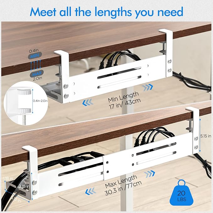 No Drill Under Desk Cable Management Tray, 17”-30” Retractable Cord Organizer for Table, Clamp Mount Wire Basket, Power Strip Holder & Metal Cord Organizer for Office, Home, White