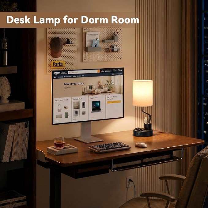 Bedside Lamps for Bedroom Set of 2 - Table Desk Lamp for Nightstand | 15" Table Lamp for Living Room with Pen Holder & Phone Stand, USB A+C Port, AC Outlet, 3 Color Temperature, LED Bulb Included