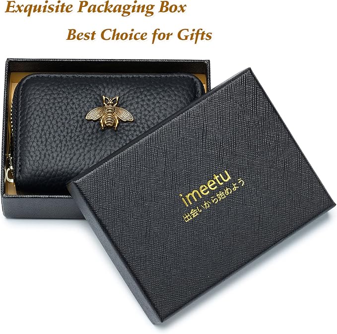 imeetu RFID Credit Card Holder, Small Card Wallet Women, Leather Card Case | Genuine Leather Women's Card & id Cases, Change Coin Purse with Zipper Keychain id Window, 20 Colors & 3 Styles, Daily, Gifts