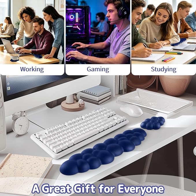 Cloud Wrist Rest Keyboard, Cloud Keyboard Wrist Pad Set with PU Leather Memory Foam, Cute Arm Rest for Palm Support, PC/Gaming Desk Accessories/Office Setup/Computer Hand Cushion - Dark Blue