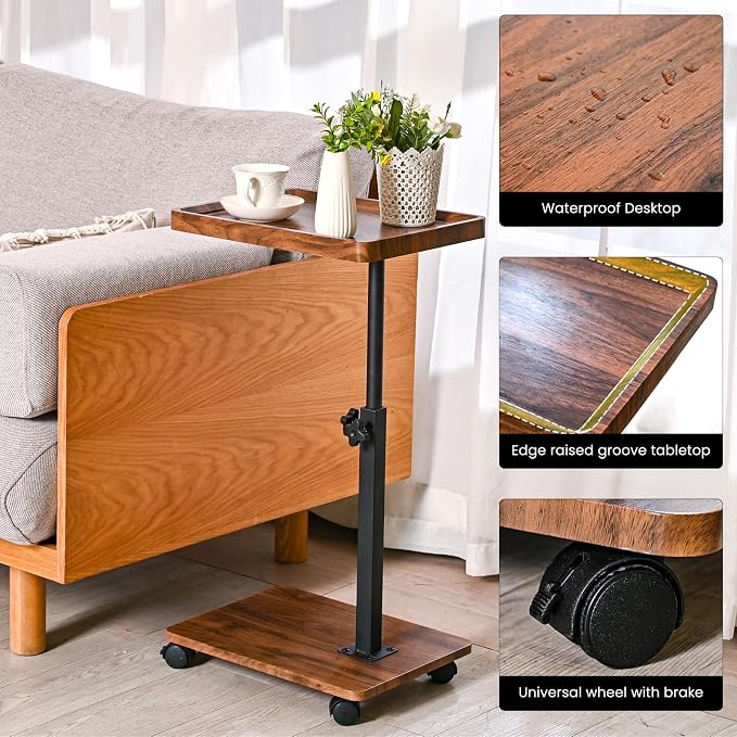 C Table End Table Adjustable Height,C Shaped End for Couch，Snack Tables,360°Swivel TV Tray Sofa Table,Tables that Slide Under,Coffee SideTable for Bed,Chair,Bath-tub (White Grain Color)