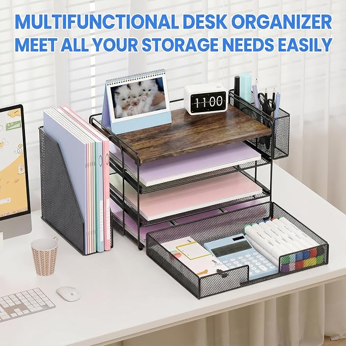Desk Organizers and Accessories, 4-Tier Desktop File Organizer with Drawer and Pen Holders, Office Desk Accessories Workspace Organizers for Office Supplies (Brown)