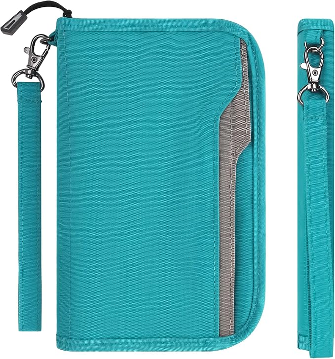 Passport Holder Family RFID Passport Wallet, Passport Holder Women/Men, Travel Wallet Documents Organizer Zipper Case with Removable Wristlet Strap, Travel Essentials for Flying
